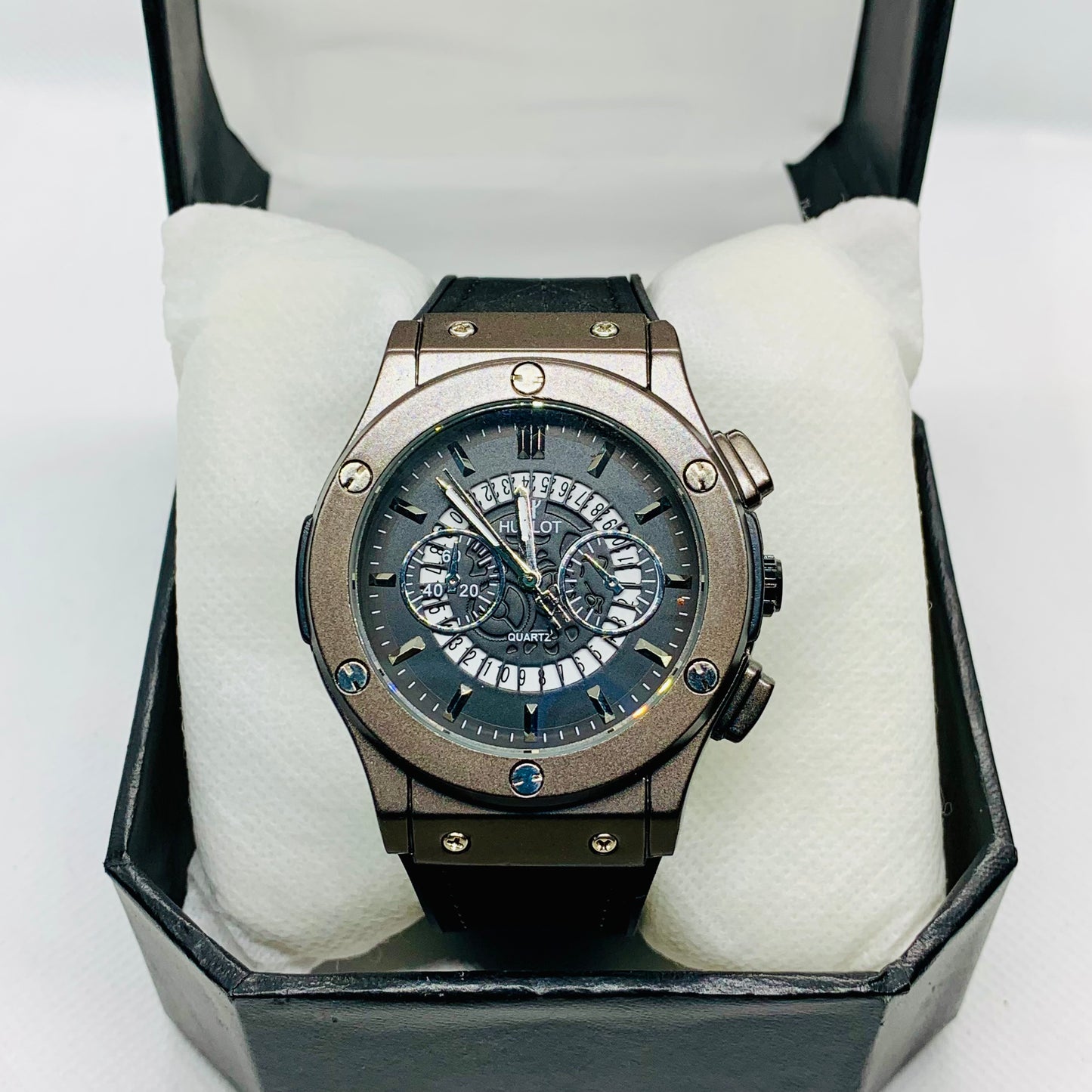 Luxury Hublot Style Men’s Watch with Master Lock, Faux Leather Strap & Aluminum Dial