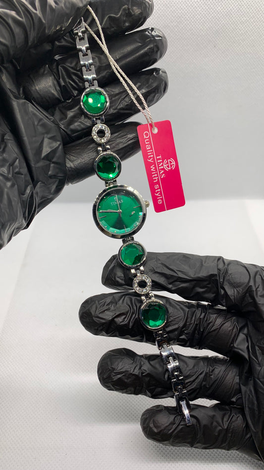 Timas Emerald Elegance — Luxury Women’s Watch with Crystal Green Stones