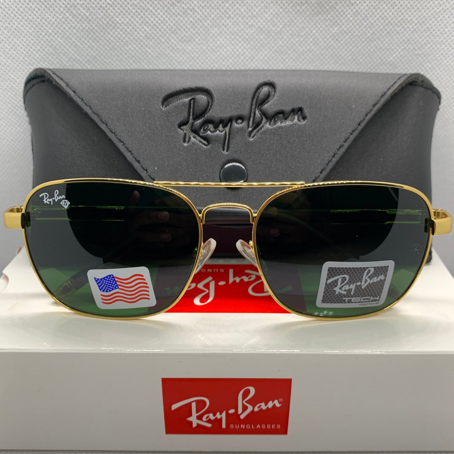 Ray-Ban Premium American-Made Glasses – Golden Frame with Green Lenses