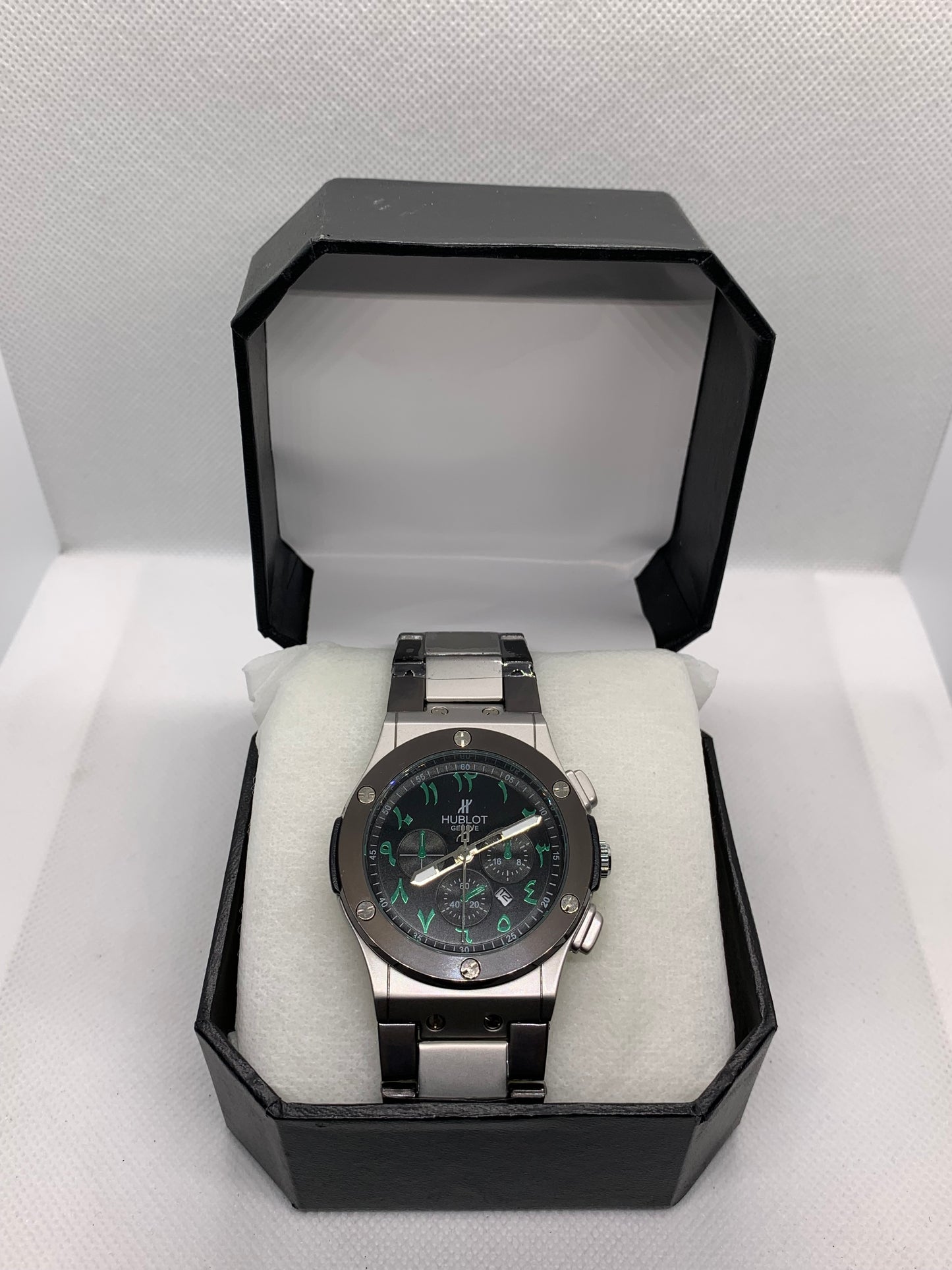 Hublot Arabic Chrono — Luxury Men’s Chronograph Watch with Arabic Numbers & Silver-Black Body