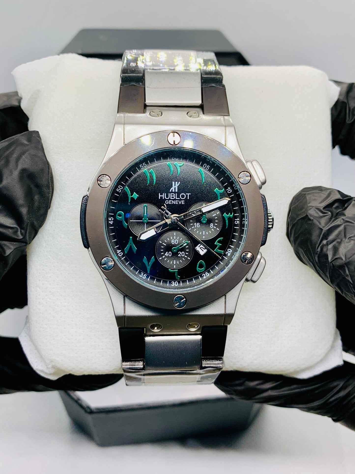 Hublot Arabic Chrono — Luxury Men’s Chronograph Watch with Arabic Numbers & Silver-Black Body