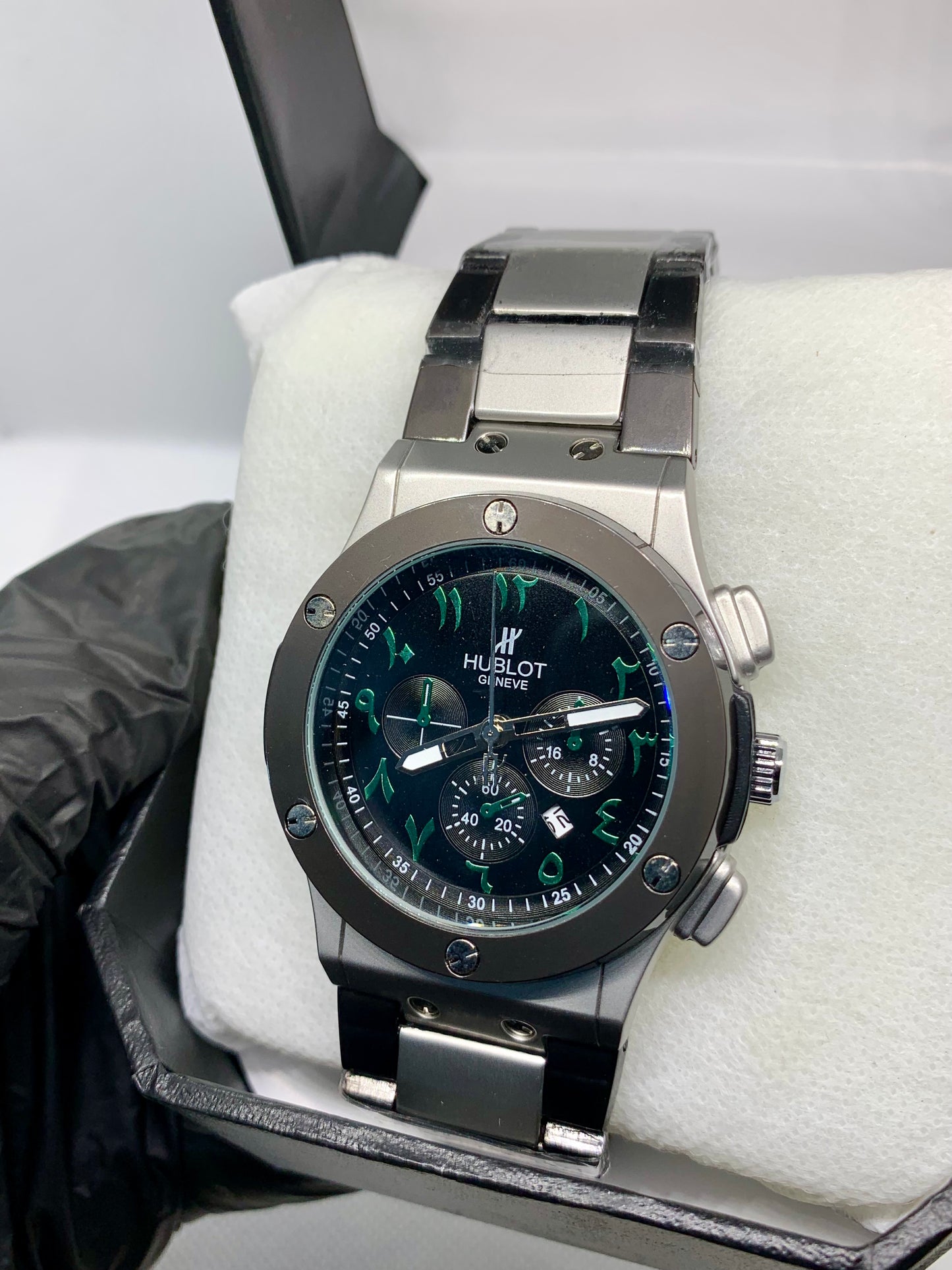 Hublot Arabic Chrono — Luxury Men’s Chronograph Watch with Arabic Numbers & Silver-Black Body