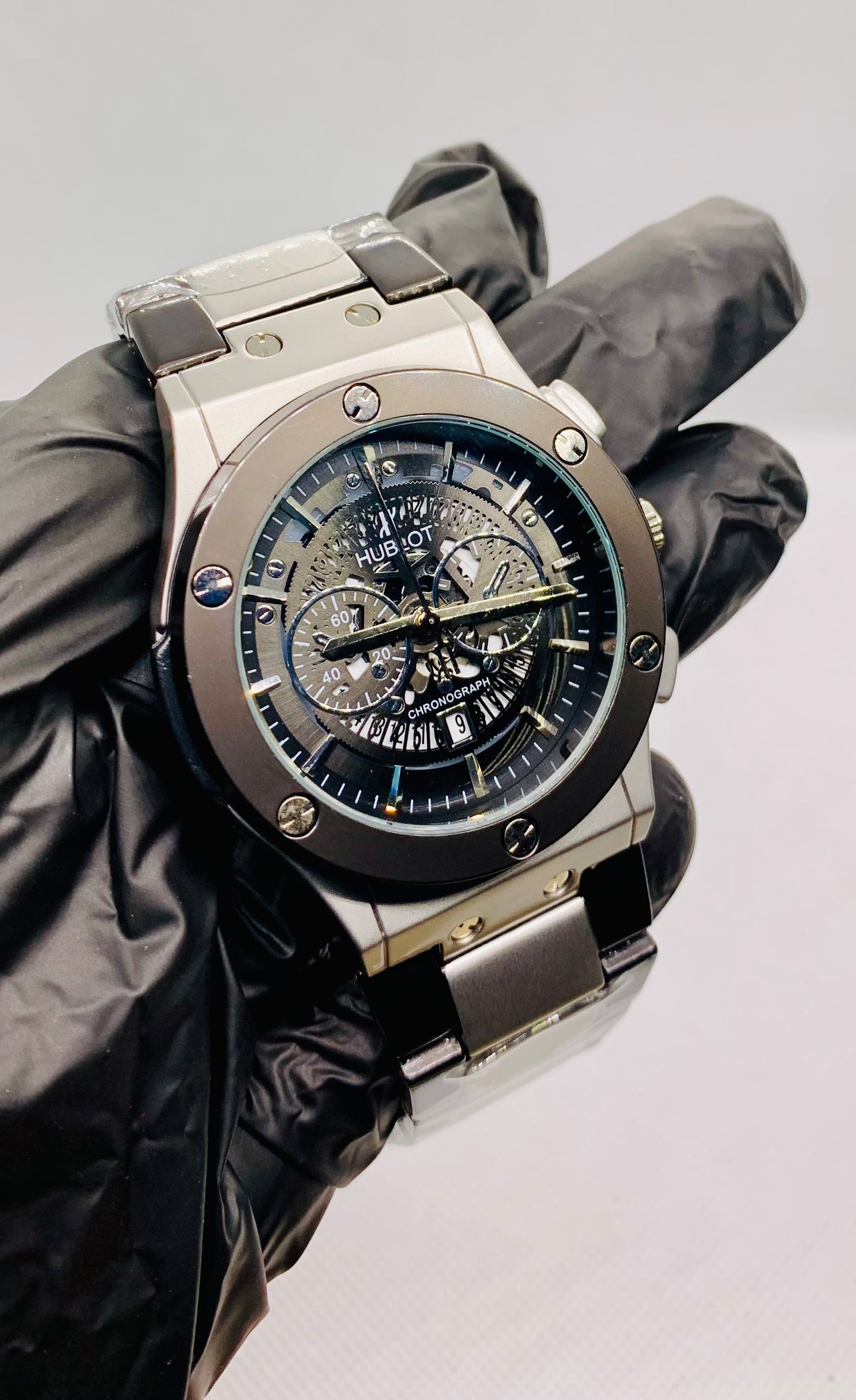Hublot Black Chrono — Luxury Men’s Chronograph Watch with Silver & Black Contrast Body
