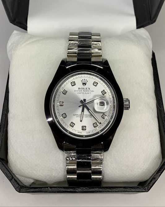 Rolex Black & Silver Luxury Watch Silver Dial + Date Window