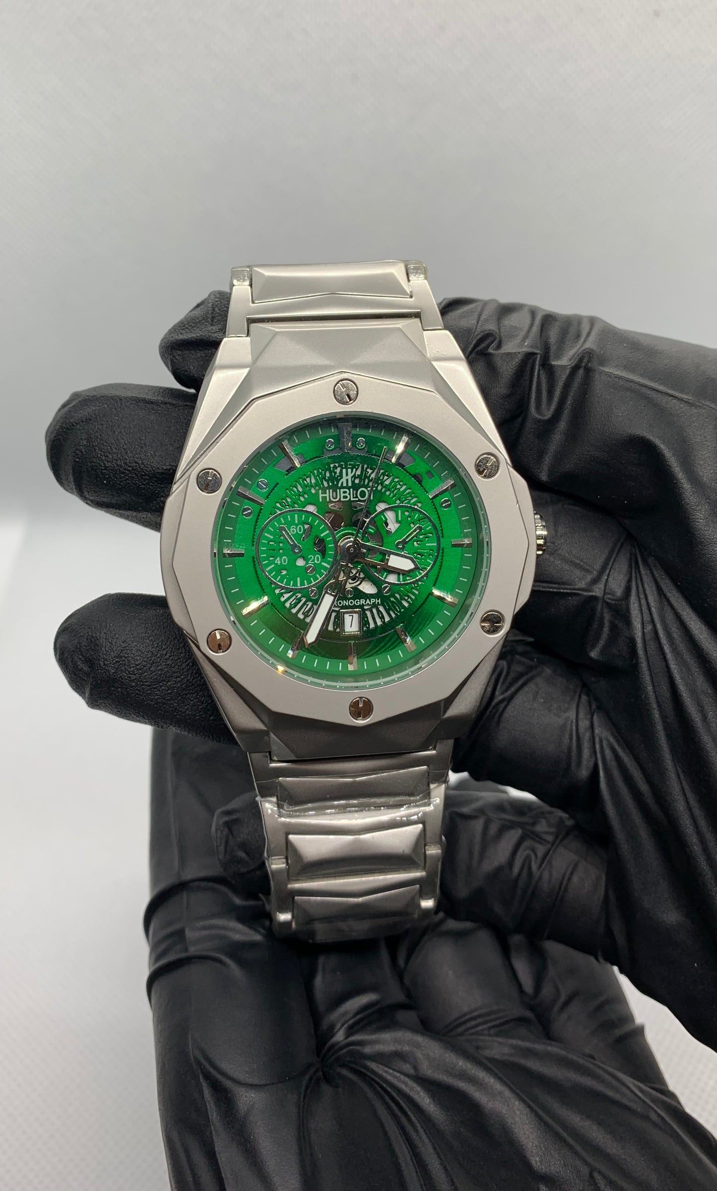 Hublot Luxury Chronograph – Green Dial Aluminium Watch with Butterfly Strap