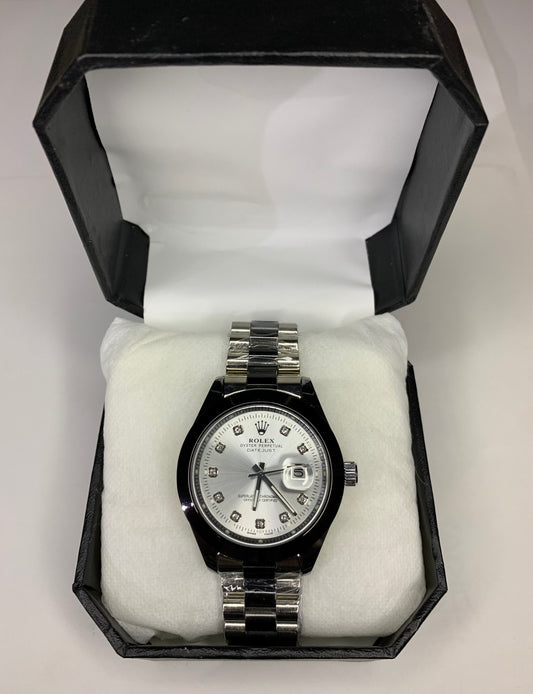 Rolex Black & Silver Luxury Watch Silver Dial + Date Window