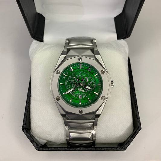Hublot Luxury Chronograph – Green Dial Aluminium Watch with Butterfly Strap